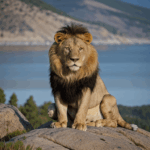 The majestic lion, king of the wild, sits on a rock displaying its powerful aura.