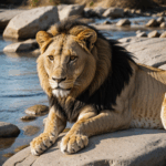 A captivating view of a lion resting on a rock, highlighting the raw beauty of nature.