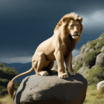 Lion in the wild, majestically posing on a rock, a wildlife marvel.