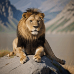A lion, king of the jungle, rests majestically on a rocky throne.