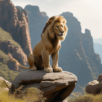 Lion on a high rock, majestically seated, a symbol of wildlife power.