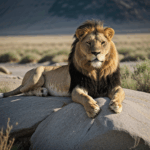 Lion on a rocky platform, showcasing its majestic and powerful posture.
