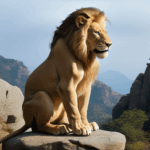 The lion poses majestically on a rock, exuding power and grace amidst nature.