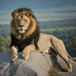 Lion's pride and majesty captured as it sits on a rock, exuding strength and grace.