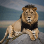 Regal lion poised majestically on a rock, symbolizing strength and authority.