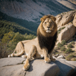 A lion proudly perches on a rock, exuding strength and grace in its natural habitat.