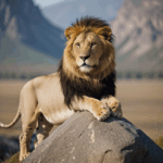 The regal lion poses majestically on a rock, exuding authority.