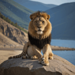 Majestic lion perched on a rock, exuding strength and grace in its natural habitat.