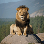 The lion's majestic stance on the rocky throne highlights its role as king of the animal kingdom.