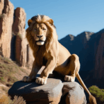 Lion sitting regally on a rock, epitomizing the majesty of the wild.