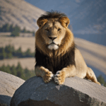 Lion's fearless stance on a rock, showcasing its majestic and powerful nature.