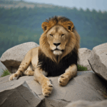 Lion's graceful throne, majestically seated on a rock in the wild.