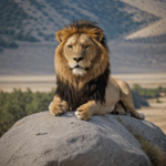 Lion's majestic demeanor on a rock, embodying the essence of wildlife majesty.