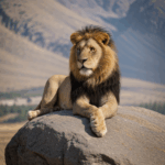 Lion's majestic pose on a rock, exuding power and confidence in the wild.