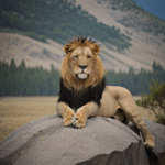 Lion's majestic presence on a rock, embodying strength and beauty.