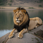 Lion's majestic stance on a rock, showcasing its powerful and regal nature.