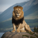 Lion's natural posture on a rock, exuding confidence and majesty.