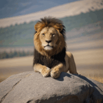 Lion's natural throne, a majestic pose on a rock in the wild.