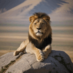 Lion's powerful aura captured as it sits majestically on a rocky throne.