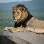Lion's powerful presence captured as it sits on a rock, showcasing its majesty.