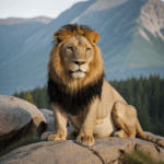 Lion's powerful stance on a rock, embodying strength and majesty.