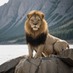 Lion's regal aura captured as it sits majestically on a rock in the wild.