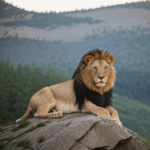 Lion's regal demeanor captured as it sits majestically on a rocky throne.