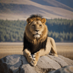 Lion's regal posture on a rock, showcasing its strength and majesty in the wild.