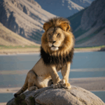 Lion's regal presence captured as it sits majestically on a rock in the wild.