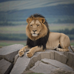 Lion's regal stance on a rock, showcasing its majestic and powerful presence.