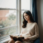 A young woman finding solace in her book by the window, embodying a calm and reflective moment.