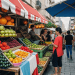Lively fruit market with stalls showcasing a variety of colorful and fresh produce.
