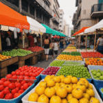 Local market filled with fresh and colorful fruits, showcasing a vibrant and lively atmosphere.