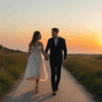 Love and sunset: a couple walks together, hand in hand, under the evening sky.