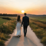 Love at dusk: a couple embraces the beauty of a sunset walk, hand in hand.