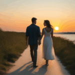 Love at sunset: a couple walks hand in hand, basking in the warm glow of dusk.