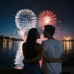 A pair of lovers standing together under a sky filled with colorful fireworks.