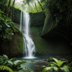 The lush jungle landscape with a captivating waterfall, perfect for nature lovers seeking tranquility.