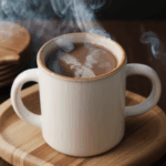 Luxurious hot beverage in a mug of hot chocolate, with a swirl of cream and chocolate shavings for added richness.