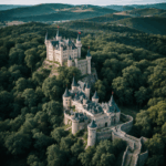 A breathtaking view of the magical castle perched atop a hill, surrounded by lush greenery and a clear blue sky, evoking a sense of wonder and adventure.
