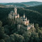 A majestic castle offering a scenic view from the hill, with sprawling grounds and an aura of mystery, perfect for those seeking a fairytale experience.