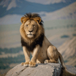 Majestic cat lion sitting gracefully on a rock, exuding natural beauty.