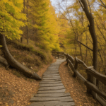 A majestic fall vista with colorful foliage and clear skies, perfect for a hiking adventure.