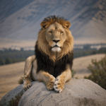 Majestic lion displaying its regal posture while seated on a rocky outcrop.