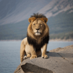 Majestic lion in nature, sitting proudly on a rock, exuding regal grace.