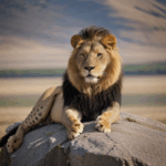 A majestic lion confidently sits on a rock, embodying grace and power.
