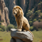 A majestic lion perched on a rock, showcasing its regal presence in the wild.