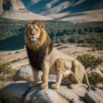 A majestic lion sits regally on a rock, showcasing its dominance in the wild African landscape.