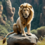 Majestic lion in a stance, perched on a rock, a testament to the wild.