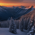 Majestic mountains under a vibrant sunset sky, offering a serene and picturesque view.